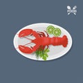 Icon of lobster with lime on a plate. Top view. Restaurant dish. Seafood. Image of langust