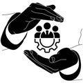 Icon logo of hands holding teamwork management in black color or business team, partnership on an isolated white background.