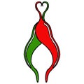 Icon, logo of hot red pepper in the form of heart. Doodle heart of red peppers on Valentine`s Day