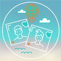 Icon, logo, icon with photo selfie couple of two people and a balloon in the sky with clouds over the sea. Summer vacation