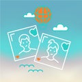 Icon, logo, icon with photo selfie couple of two people and a balloon in the sky with clouds over the sea. Summer vacation