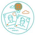 Icon, logo, icon with photo selfie couple of two people and a balloon in the sky with clouds over the sea. Summer vacation