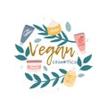 Icon logo of Vegan cosmetics. Plants branches jars of cream and tubes decorative elements in a circle. Vector image on a white