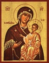 Icon of Madonna Mother of God Mary and child Jesus Christ on mahogany and gold