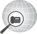 Icon with magnifier and office phone in planet