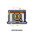 Icon of magnifying glass and investors list for business angel search concept. Flat filled outline style. Pixel perfect 64x64