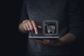 Icon marcet cart on tablet In The Hand. Ordering Food Online At Home. Online shopping concept tech on e-commerce . Internet Royalty Free Stock Photo