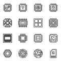 Computer Chips and Electronic Circuit icons. Thin line style stock vector. Royalty Free Stock Photo