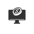 Icon money coin in computer. illustration isolated sign symbol thin line for web, modern minimalistic flat design vector on white