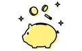 Icon of money pouring into piggy bank, simple line drawing illustration