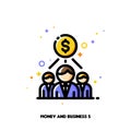 Icon of money and three business persons for partner program or referrals network concept. Flat filled outline style