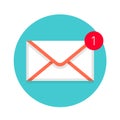 Icon of new mail envelope. White envelope with red marker