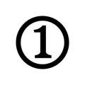 Icon number 1 in circle black isolated on white, flat currency coin one 1 money, first symbol with circle shape, 1st symbol for