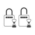 Icon open and closed combination lock with an hourglass. Vector on white background. Royalty Free Stock Photo