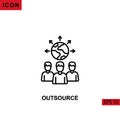 Icon outsource with work team and world arrows. Outline, line or linear vector icon symbol sign collection