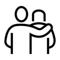 Icon of a person embracing a friend who is depressed, line style, black and white color.