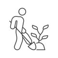 Icon of the person who transplants the plant. Simple linear image of a man with a shovel who is digging a plant