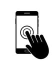 Icon phone. Mobile app in smartphone. Finger click on touch screen. Service of healthcare in cellphone. Push button on device. Tap