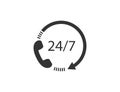 24 7 icon with phone symbol. Support service in clock style. 24h contact center with arrow. Work time. Open icon in flat