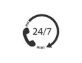 24/7 icon with phone symbol. Support service in clock style. 24h contact center with arrow. Work time. Open icon in flat design in