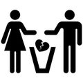 Icon pictogram, couple separating throwing heart broken in the trash