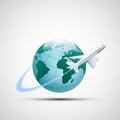 Icon plane flies around the earth planet. Business travel. Royalty Free Stock Photo