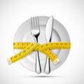 Icon plate with knife, fork and tailoring measuring tape. Dieting and healthy lifestyle.