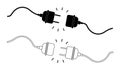 Icon of plug and socket. 404 error. Disconnect and connect of electric cable. Electricity power in cord and outlet. Graphic
