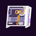 Icon of processor case for gamers. Inside of powerful computer with components, parts. PC with transparent cover and Royalty Free Stock Photo
