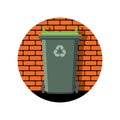 Icon of recycling wheelie bin against the brick wall, vector