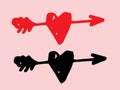 the icon of a red heart pierced by an arrow. a set of a black heart pattern, drawn in a doodle style, with a Royalty Free Stock Photo
