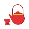Icon of red teapot and cup. Tableware for traditional chinese tea ceremony. Asian culture concept. Isolated flat vector Royalty Free Stock Photo