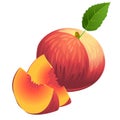 Icon of Ripe summer peach with two slices and green leaf Royalty Free Stock Photo