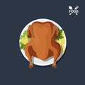 Icon of roasted chicken on plate. Top view. Barbecue dish. Meat`s dinner. Image of christmas turkey Royalty Free Stock Photo