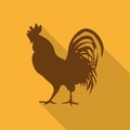 Icon rooster in brown color on an orange background with long shadow