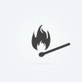 Icon of safety match. Fire, light, flames. Burning match icon on grey background. Vector