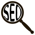 Icon seo, magnifying glass magnifies text word seo Royalty Free Stock Photo