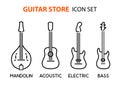 Icon set of acoustic, electric guitars and mandolin in line art style