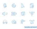 Icon set of acoustics and sound in outline color style. Vector symbols