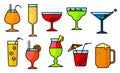 Icon set with alcohol cocktails. Thin simple line style collection with drinks, Royalty Free Stock Photo