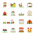 Icon set of attractions in amusement park. Circus, carousel and other vector illustrations in flat style