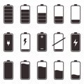 Icon set of batteries with different degree of energy charge. Black battery with scale charge power isolated on white background.