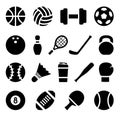 Icon set of black simple silhouette of sports equipment in flat design Royalty Free Stock Photo