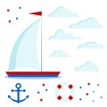 Icon set of blue and red sailboat with one sail, clouds, stars, anchor, lifebuoy Royalty Free Stock Photo