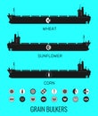 Icon set of bulk carriers for transportation of bulk cereals and icons of grain, corn, sunflower. Constructor for designer.