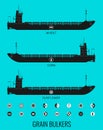 Icon set of bulk carriers for transportation of bulk cereals and icons of grain, corn, sunflower. Constructor for designer.