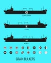 Icon set of bulk carriers for transportation of bulk cereals and icons of grain, corn, sunflower. Constructor for designer.