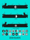 Icon set of bulk carriers for transportation of bulk cereals and icons of grain, corn, sunflower. Constructor for designer.