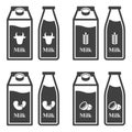 Icon set of cardboard packaging and plastic bottles of vegetable and animal milk. Vector on white background