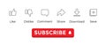 Icon Set for Channel. Like, Dislike, Comment, Share, Download, Save, and Red Subscribe Button. Editable Stroke Vector Illustration